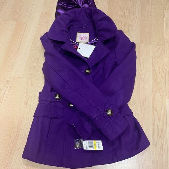 Pink Envelope Purple Women's Hooded Belted Peacoat Jacket CoatSize Medium - Picture 7 of 10